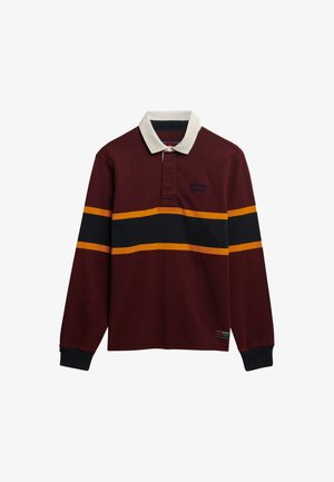 Langarm polo shirt in bordeauxrood, met een witte kraag, voorzien van horizontale strepen in donkerblauw en oranje. Inclusief een logo op de borst.