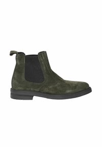 Stivale Chelsea verde in suede con pannelli elastici laterali, una linguetta per il trascinamento e una suola nera in gomma, che mette in mostra una consistenza liscia e un design elegante.