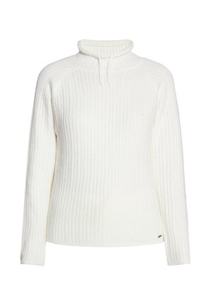 Hvid ribbet strikket sweater med høj krave, snøre og lange ærmer. Har et struktureret stof og et lille logo på siden.