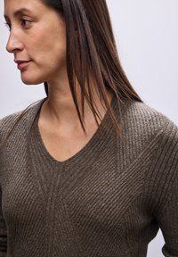 V-Ausschnitt Pullover aus strukturiertem braunem Stoff, mit geripptem Muster und diagonalen Akzenten, in taillierter Silhouette und weichem Griff.