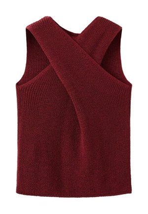 Ärmelloses, burgunderrotes, gestricktes Oberteil mit breiten, sich kreuzenden Trägern am Rücken und durchgehend geripptem Muster.