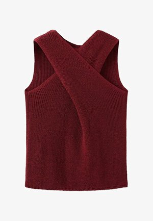 Bordowy bezrękawnik dziany z szerokimi, krzyżującymi się ramiączkami z tyłu oraz prążkowaną fakturą na całej powierzchni.