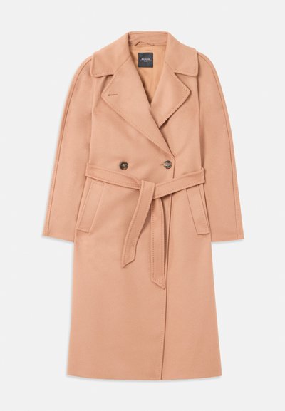 Peach-colored wool blend coat with a belted waist, double-breasted front, lapel collar, and side pockets. Smooth texture and tailored fit.