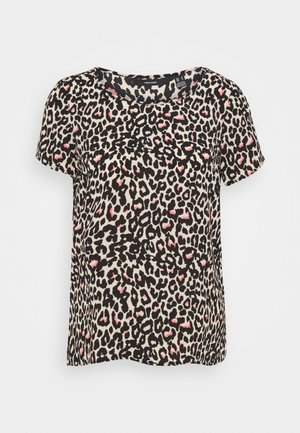 Short-sleeve blouse with beige background and black leopard spots accented with subtle pink details, round neckline.