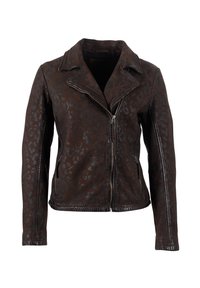 Chaqueta de moto de cuero marrón con un estampado de leopardo, cierre de cremallera, cuello tipo notch y bolsillos laterales, con una silueta ajustada.