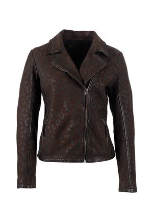 Giacca da motociclista in pelle marrone con motivo leopardato, chiusura con zip, colletto a cappotto e tasche laterali, dal taglio aderente.