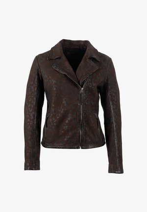 Giacca da motociclista in pelle marrone con motivo leopardato, chiusura con zip, colletto a cappotto e tasche laterali, dal taglio aderente.