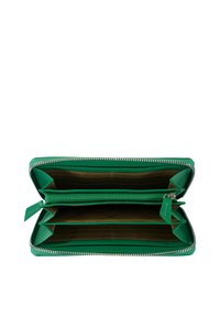 Green leather wallet with a zip closure, two compartments, multiple card slots, and a smooth texture. Interior is tan with subtle patterns.