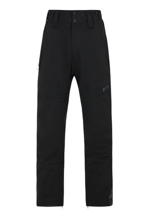 Pantalones exteriores negros fabricados con material impermeable, que cuentan con bolsillos con cremallera, cinturilla ajustable y diseño de pierna ajustada.