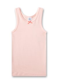 Light pink tank top made of soft cotton, featuring a rounded neckline, wide straps, and a small orange bow accent near the neckline.