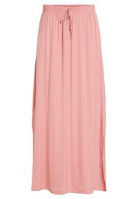 Jupe maxi rose longue avec taille à cordon de serrage, fabriquée en tissu doux, dotée de fentes latérales et d'une silhouette décontractée.