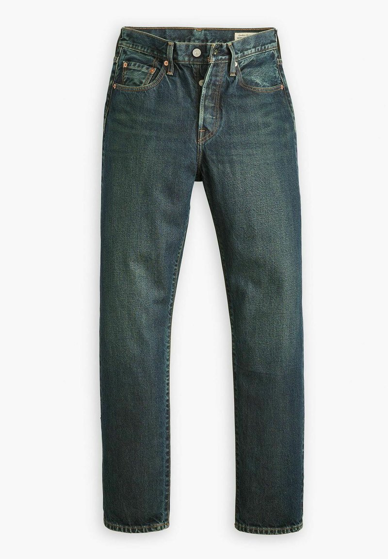 Jeans in denim, blu scuro, taglio dritto. Presentano cinque tasche, rivetti in rame e cuciture a contrasto lungo le cuciture. Texture morbida e liscia.