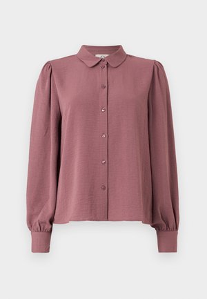 Elegantes Button-up Hemd in hellem Mauve, mit Kragen, langen Puffärmeln und einem strukturierten Stoff mit einem dezenten Glanz.