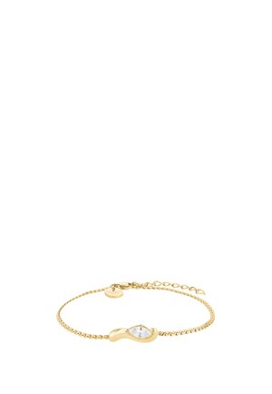 Delicaat gouden kettingarmbandje met een heldere edelsteen in marquiseslijp, gezet in een glad gouden kastje, voorzien van een karabijnsluiting en een verlengkettinkje.