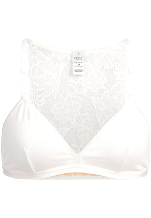 Weißer BH mit Spitzenrücken, weichen Cups und verstellbaren Trägern. Verfügt über ein Etikett in der Mitte mit Größen- und Materialangaben. Glatte und elastische Textur.
