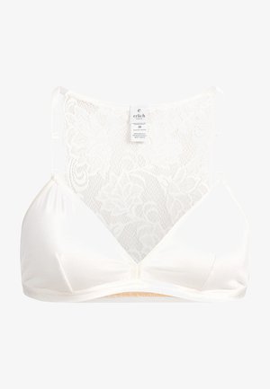 Weißer BH mit Spitzenrücken, weichen Cups und verstellbaren Trägern. Verfügt über ein Etikett in der Mitte mit Größen- und Materialangaben. Glatte und elastische Textur.