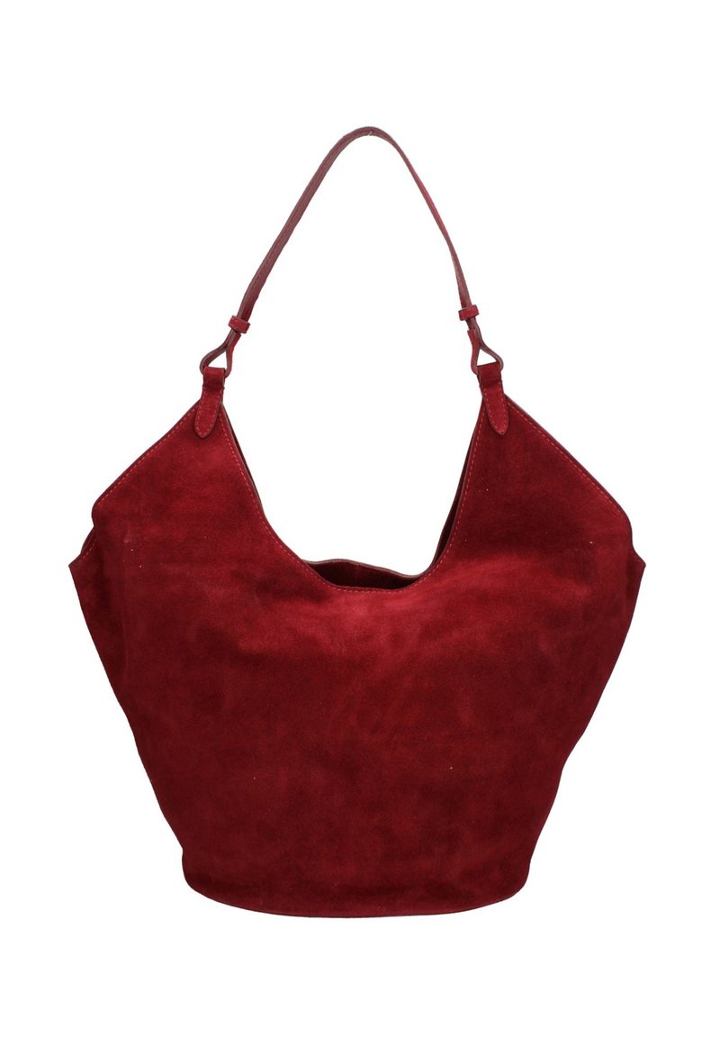 Borsa hobo in suede rosso con una forma morbida, due cinturini regolabili e apertura superiore. Texture morbida con finitura opaca, accenti minimi.