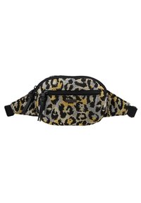 Marsupio con motivo leopardo, rifinito con accenti neri, grigi e dorati. Realizzato in tessuto testurizzato, presenta due scomparti con zip e una tracolla regolabile.