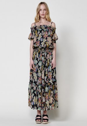 Robe longue décolletée, ornée d'un motif floral aux couleurs vives sur fond noir, avec des manches volantées et une jupe à volants.