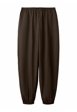 Pantalon marron foncé ample avec taille élastique et poignets aux chevilles, conçu pour un usage décontracté.
