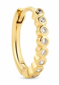 Guldörhänge med oval klara ädelstenar inlagda i en rundad, texturerad design med en polerad yta.