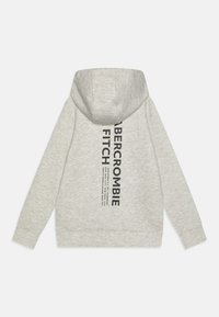 Grauer Hoodie mit einer vorderen Kängurutasche, verfügt über ein schwarzes vertikales Logo auf der Rückseite. Hergestellt aus weichem Material, hat er eine Kordelzugkapuze.