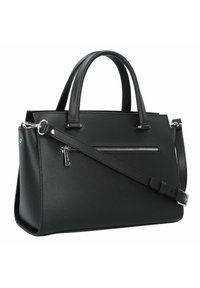 Borsa a mano nera in pelle con texture liscia, due manici e tracolla regolabile. Presenta una tasca anteriore con zip e dettagli hardware in argento.
