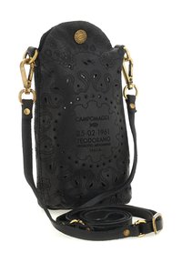 Borsa a tracolla in pelle nera con motivo impresso intricato, dettagli in oro e tracolla regolabile. Misura circa una dimensione media.