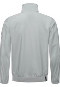 Light gray jacket with high collar, elastic cuffs, and waistband. Smooth texture with a simple design, featuring no visible patterns or hardware.