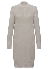 Abito in maglia grigio chiaro con collo alto, maniche lunghe e texture a coste. Presenta cuciture a raglan sulle spalle e una silhouette aderente.