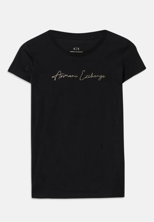 Zwarte korte mouwen t-shirt van katoen, met een scriptlogo "Armani Exchange" in gouden versieringen over de borst.