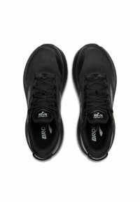 Black athletic shoes with a breathable mesh upper, flat laces, padded collar, and reflective accents on the sides and heel.