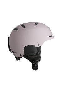 Różowy matowy kask narciarski o gładkiej powierzchni, z otworami wentylacyjnymi, regulowanym paskiem na brodę i teksturowanym czarnym wnętrzem dla komfortu.