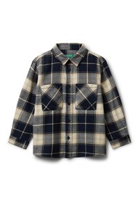 Camicia a maniche lunghe con bottone, in tessuto a quadri blu navy, beige e crema, dotata di due tasche sul petto.