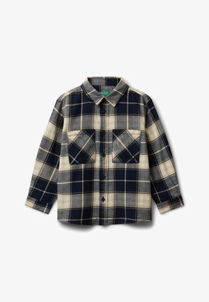 Langärmliges Hemd mit Knöpfen in Navy, Beige und Creme mit Karomuster, ausgestattet mit zwei Brusttaschen vorne.