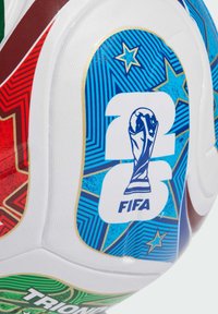 Close-up of a white soccer ball featuring colorful panels with the 2023 FIFA Women's World Cup logo and star patterns.