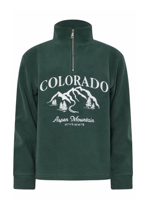 Pullover verde in pile con colletto a zip a un quarto, caratterizzato da una grafica bianca di montagne e alberi, e il testo "COLORADO Aspen Mountain."