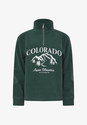 Pullover verde in pile con colletto a zip a un quarto, caratterizzato da una grafica bianca di montagne e alberi, e il testo "COLORADO Aspen Mountain."