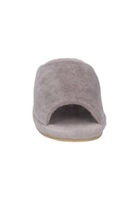 Open-toed slipper in soft, textured gray fabric with a rounded, low-profile design and beige sole. Suitable for indoor wear.