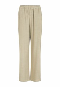 Beige, weite Hosen aus einem leichten, strukturierten Stoff. Sie verfügen über einen gesmokten, elastischen Bund für einen bequemen Sitz. Keine Taschen.