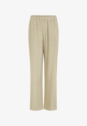 Beige, wide-leg pants made of a lightweight, textured fabric. Features a smocked elastic waistband for comfortable fit. No pockets.