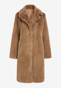 Manteau en fausse fourrure marron avec un grand col, des manches longues et une coupe droite. Texture douce avec des poches latérales et sans fermetures visibles.