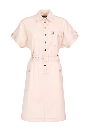 Light beige knee-length shirt dress with short sleeves, front button closure, belted waist, and multiple flap pockets with metallic buttons.