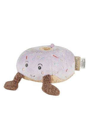 Weiches Plüsch-Donut-Spielzeug mit helllila Zuckerglasur, bunten Streuseln, lachendem Gesicht und zwei braunen, flauschigen Beinen, die vom Boden ausgehen.