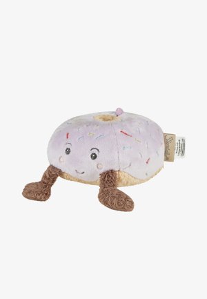 Weiches Plüsch-Donut-Spielzeug mit helllila Zuckerglasur, bunten Streuseln, lachendem Gesicht und zwei braunen, flauschigen Beinen, die vom Boden ausgehen.