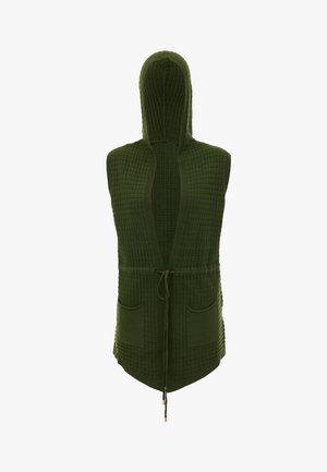 Grøn, tekstureret vest med hætte, åben front, to frontlommer og snøre i taljen. Stoffet har et rutenet mønster.
