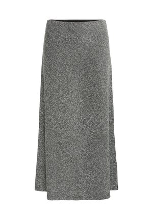 Fustă midi gri strălucitoare, cu un design drept, având un luciu subtil și o deschidere pe o parte. Talie elastică pentru confort.