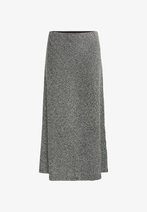 Jupe midi grise pailletée avec un design droit, présentant un léger éclat et une fente sur un côté. Taille élastique pour le confort.