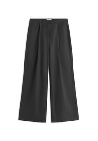 Pantalon noir à jambes larges avec plis sur le devant, poches latérales et taille munie d'un bouton dissimulé et d'une fermeture éclair.