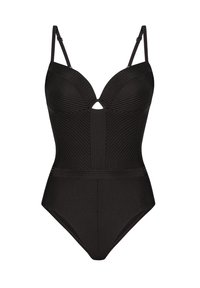 Czarny jednoczęściowy strój kąpielowy z teksturowanymi pionowymi paskami, formowanymi miseczkami, regulowanymi ramiączkami i detalem w postaci klucza z przodu.
